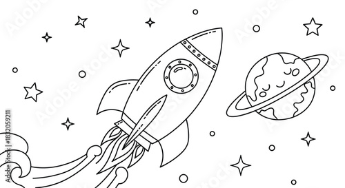 Space coloring page for kids with a cartoon rocket flying past a cute sleeping planet Saturn amongst the stars.