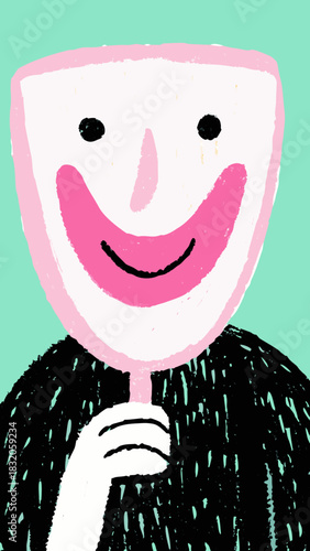 "Masking" Mental Health Illustration: Person Holding Bright Smiling Facade Mask Hiding Faint, Tired, and Transparent Real Face