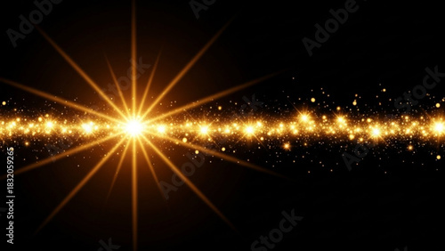 Brilliant golden starburst light effect with sparkling particle trail extending horizontally across a deep, symbolizing energy and magic