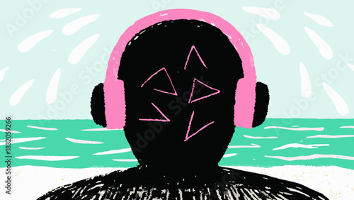 Noise Canceling Headphones Illustration: Silhouette Profile Blocking Chaotic Sensory Overload with Inner Peace Ocean Visualization