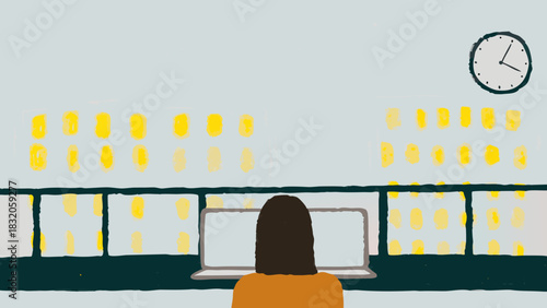 Nighttime Digital Nomad Illustration: Remote Worker on Hotel Balcony with Laptop Glow and Time Zone Jet Lag Difference
