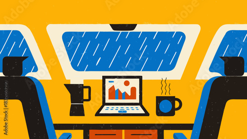 Realistic Hand Drawn Camper Van Interior Workspace with Heavy Rain, Laptop, and Sleeping Cat - Cozy Digital Nomad Lifestyle Illustration