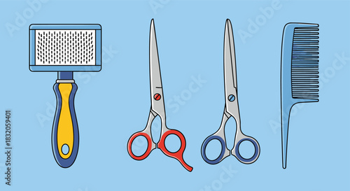 Set of pet grooming tools including a slicker brush, two types of scissors, and a comb on a blue background.