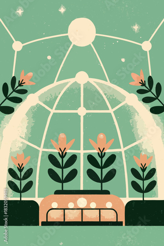 Soft Sci-Fi Lunar Agriculture Illustration: Person in Modular Clothing Charting Constellations in Moon Base Biodome with Glowing Plants