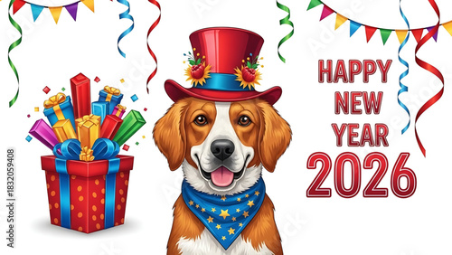 Happy New Year 2026 with an adorable dog wearing festive attire