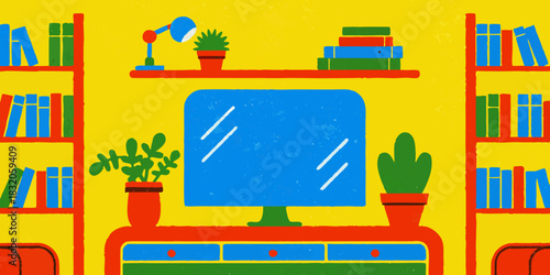 Futuristic "Cozy Maximalist" Home Office Illustration: Hand Drawn 2040 Workspace with Holographic Screen, Robotic Arm, Books and Plants