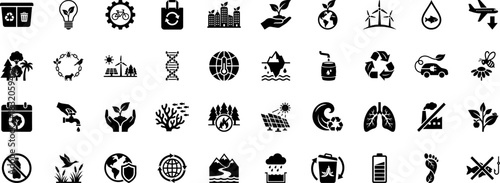 Comprehensive Eco & Environment Icon Pack: A collection of solid glyphs for sustainability, climate change, renewable energy, and nature conservation projects