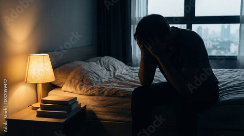 Man with head in hands sitting on bed with bedside lamp lit