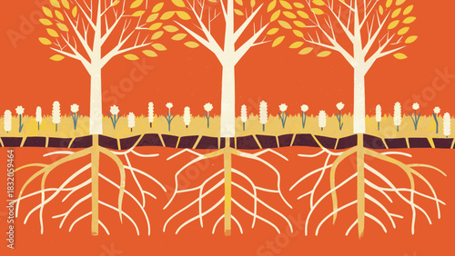 Regenerative Agriculture Cross-Section Illustration: Polyculture Crops with Deep Roots, Earthworms, and Healthy Soil Ecology