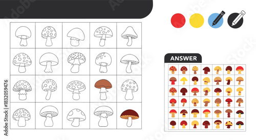 Coloring by example educational game for kids with different types of mushrooms and a color palette with answers.