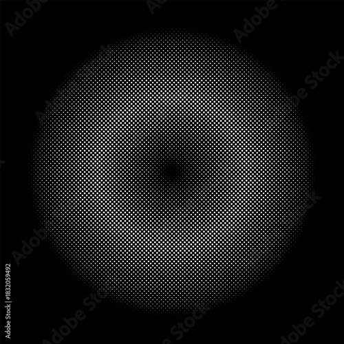Halftone element template. Circular halftone pattern. Abstract white dots round emblem. Specks, halftone circle gradient. Dotted flat backdrop. Random halftone dot texture. Half tone simple background
