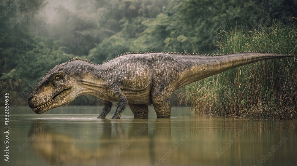 Obraz premium Tyrannosaurus Rex Wading Through Misty Marsh