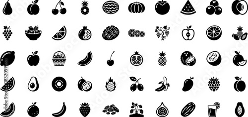 A comprehensive glyph icon pack of fresh, natural, and exotic fruits, perfect for grocery apps, healthy eating blogs, and organic food branding projects