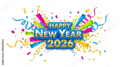 Cheerful Happy New Year 2026 graphic design for festive celebration.