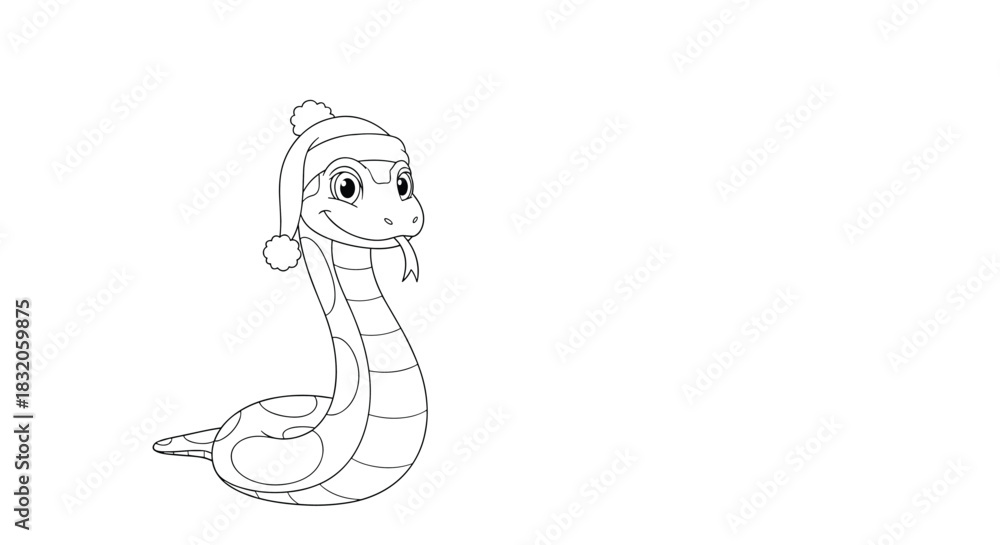 Fototapeta premium Simple coloring page of a cute cartoon snake wearing a festive winter Santa hat, with a smile and tongue out.