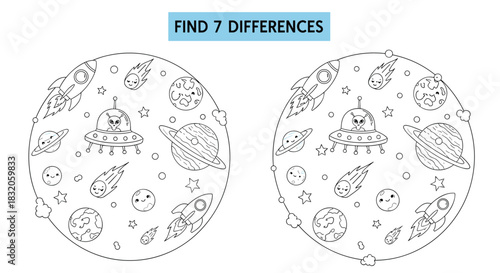Find seven differences educational puzzle and coloring page for kids with a cute outer space scene in a circle.