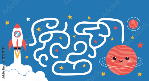 Space-themed maze puzzle for children to help a rocket find its way through a labyrinth to a cute smiling planet.