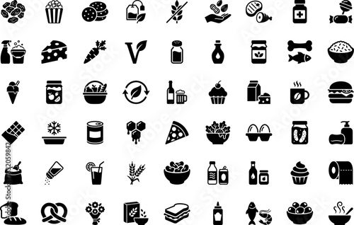 Comprehensive Supermarket & Grocery Store Icon Set: A Collection of Solid Glyphs for Food, Drinks, Household Goods, and Healthy Eating Pictograms
