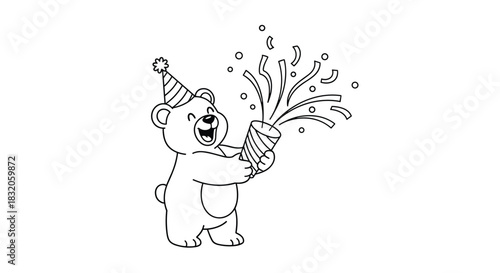 Coloring page of a cute bear in a party hat celebrating with a party popper and confetti flying out.