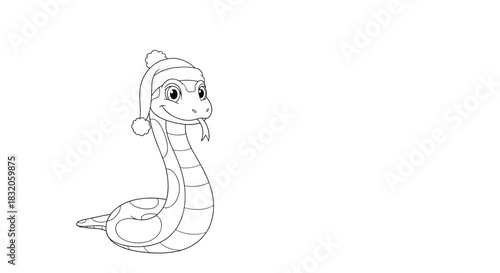 Simple coloring page of a cute cartoon snake wearing a festive winter Santa hat, with a smile and tongue out.