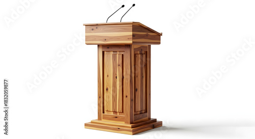 Wooden Podium with Microphones Isolated on White Background Presentation Ready