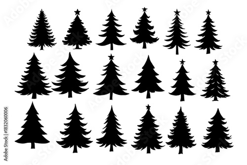 Set of Christmas trees. Vector illustration of a black fur trees silhouettes.