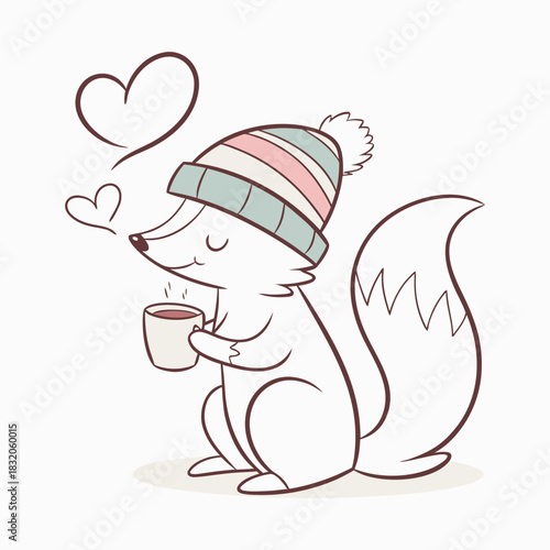 Cute cartoon fox wearing a winter hat and holding a warm drink