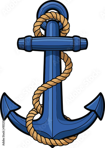 Stylized blue ship anchor intricately wrapped with a traditional brown rope, an emblematic nautical symbol signifying safety, hope, and maritime heritage for various graphic applications