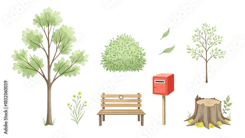 Watercolor illustration set of park elements including a tree, bush, bench, mailbox, and tree stump isolated on