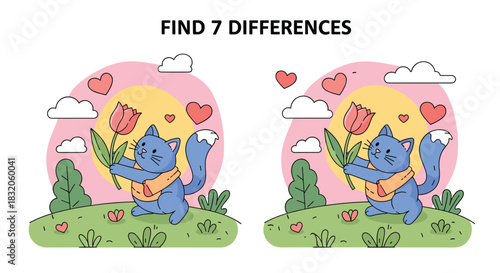 Find the 7 differences educational picture puzzle game for children featuring a cute blue cat holding a pink tulip in a park.