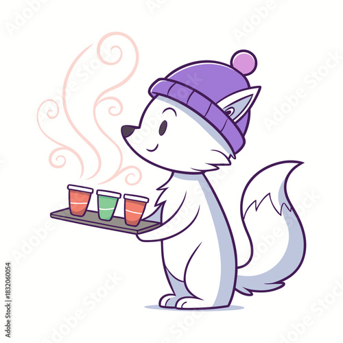Cute cartoon arctic fox wearing a winter hat holding a tray of hot drinks
