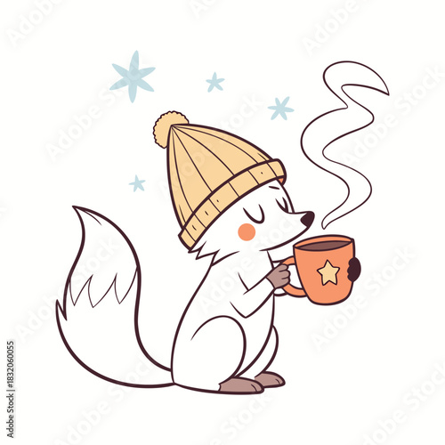 Cute cartoon arctic fox wearing a knitted hat and holding a warm drink