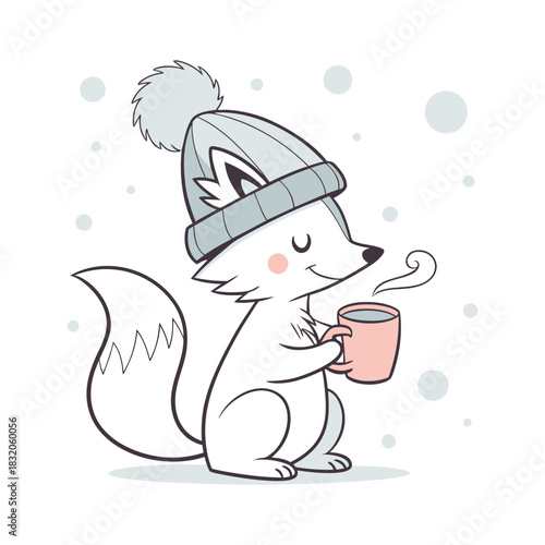 Cute arctic fox wearing a winter hat holding a warm drink