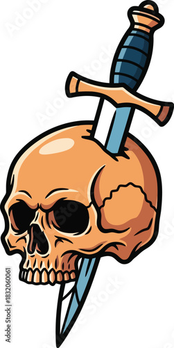 Skull pierced by a dagger a symbol of mortality and danger.