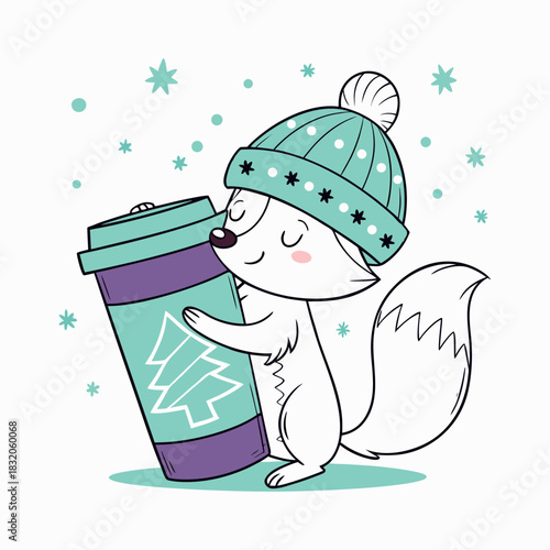 Cute cartoon arctic fox wearing a winter hat holding a hot drink