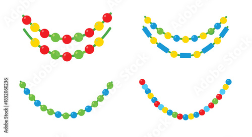 Collection of four colorful decorative hanging garlands made of red, yellow, green, and blue beads arranged in festive swoops.