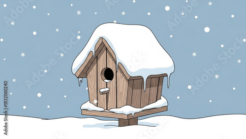 Charming wooden birdhouse covered in a thick blanket of fresh snow during a gentle winter snowfall illustration
