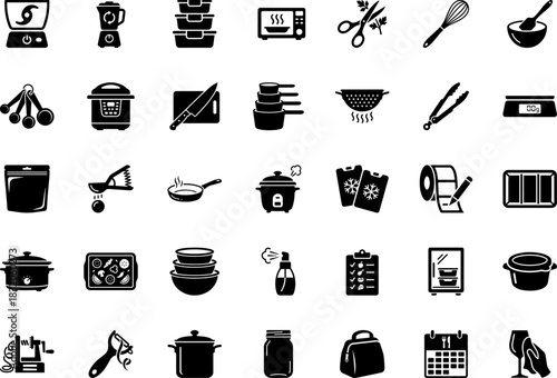 Comprehensive Kitchen & Meal Prep Glyph Icon Pack: A Collection of Solid Black Pictograms for Cooking, Food Storage, and Culinary Activities