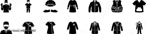 Comprehensive collection of professional workwear and protective uniform glyph icons, including medical scrubs, hazmat suits, lab coats, and safety gear