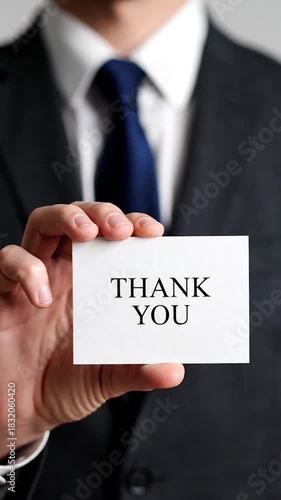 A person in a suit is holding a card with the words 