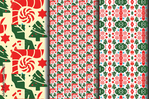Red and white striped holiday candies with swirl lollipops heart shaped treats and star sweets arranged in a festive decorative vector pattern ideal for seasonal artwork