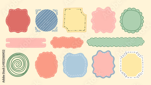 Collection of cute pastel colored scrapbook labels, tags, stickers, and frames with various decorative shapes and hand drawn texture
