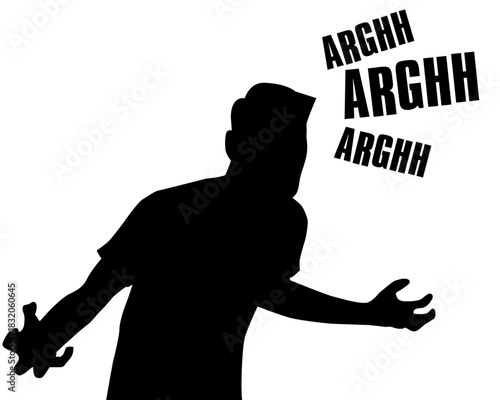 silhouette of a man who is angry and shouting with both hands gesture. and there is the word arghh written above it
