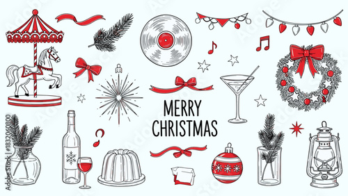 Collection of hand drawn merry christmas holiday icons and elements like wreath, carousel, drink, ornament, and text isolated on
