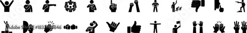 Versatile pictogram and glyph icon set featuring human stick figures and hand gestures for communication, emotions, success, protest, and social actions