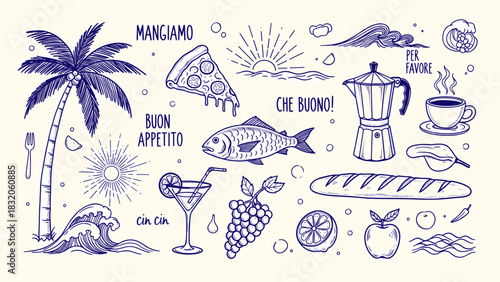 Collection of handdrawn italian food and travel sketch icons including pizza, coffee maker, fish, cocktail, palm tree, and grapes, isolated on