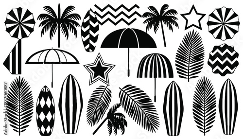 Black and white summer beach pattern with palm trees and surfboards