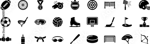 Comprehensive Sports and Athletics Pictogram Collection: A versatile set of solid black glyph icons for games, competition, and fitness activities