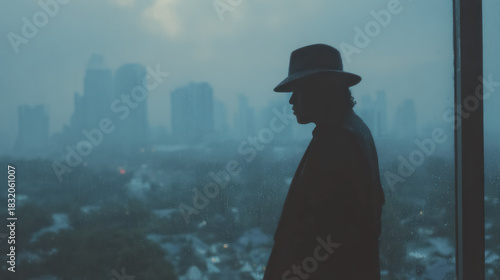 A moody scene of a solitary figure at a rain soaked window watching the blurred city lights embodying isolation and deep reflection.