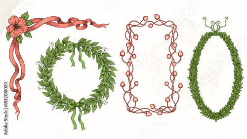 Collection of decorative floral and foliage elements including a corner ribbon, a wreath, and two ornate frames, isolated on